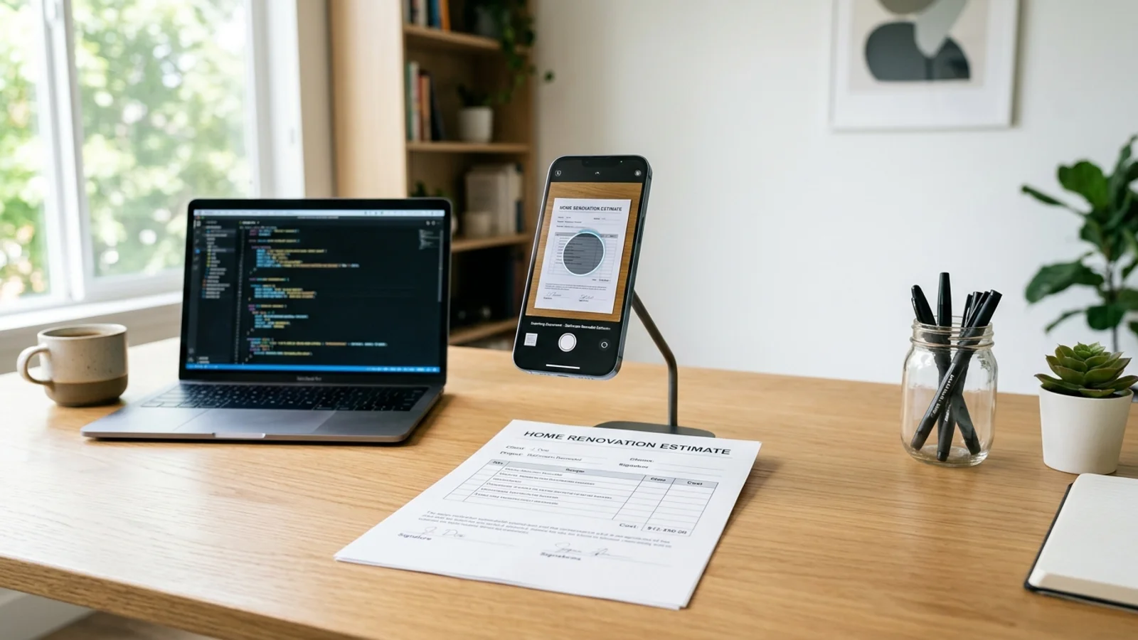 Smartphone scannt einen Kostenvoranschlag für Hauswartungen, um einen Kalendereintrag zu erstellen.