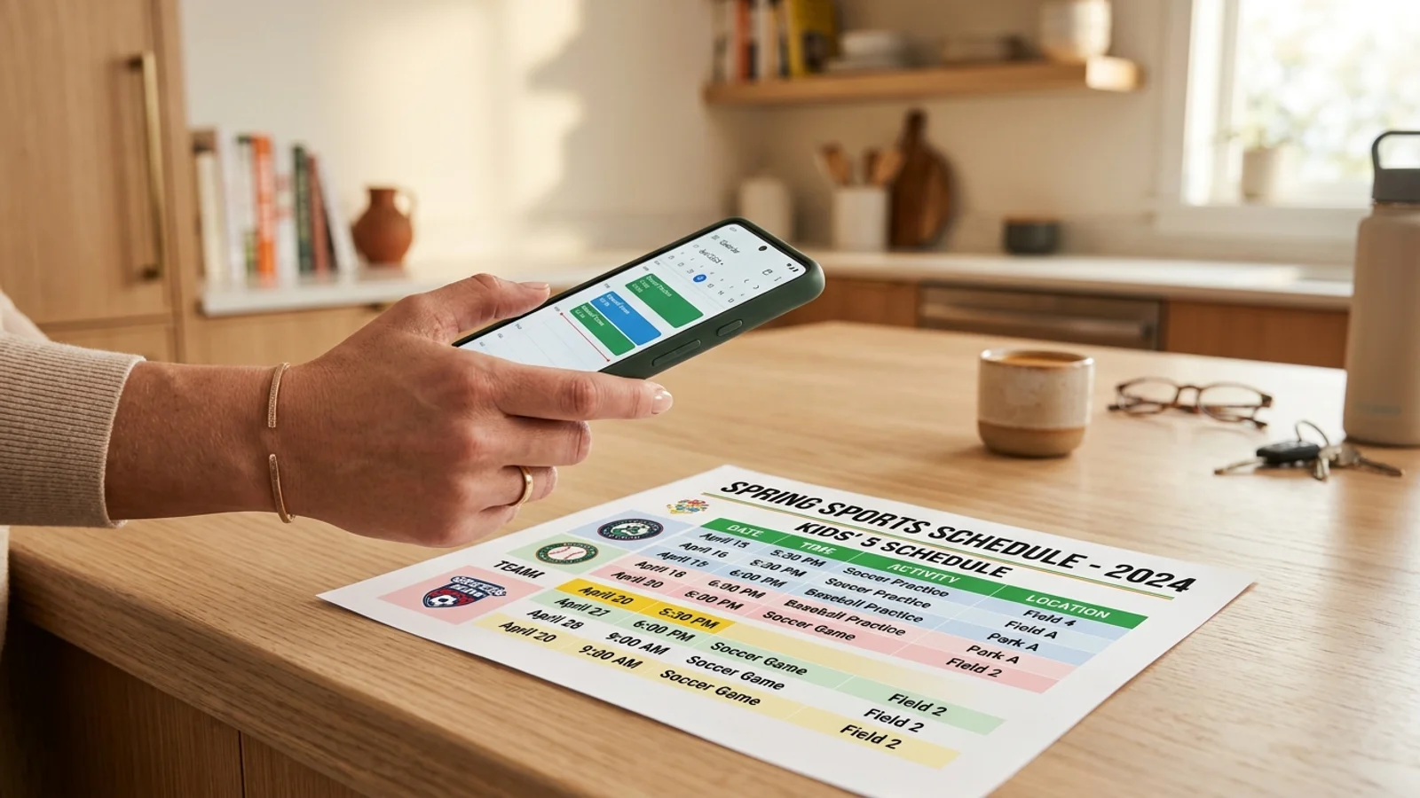 Parent using a smartphone to scan a paper sports schedule into a digital calendar app.