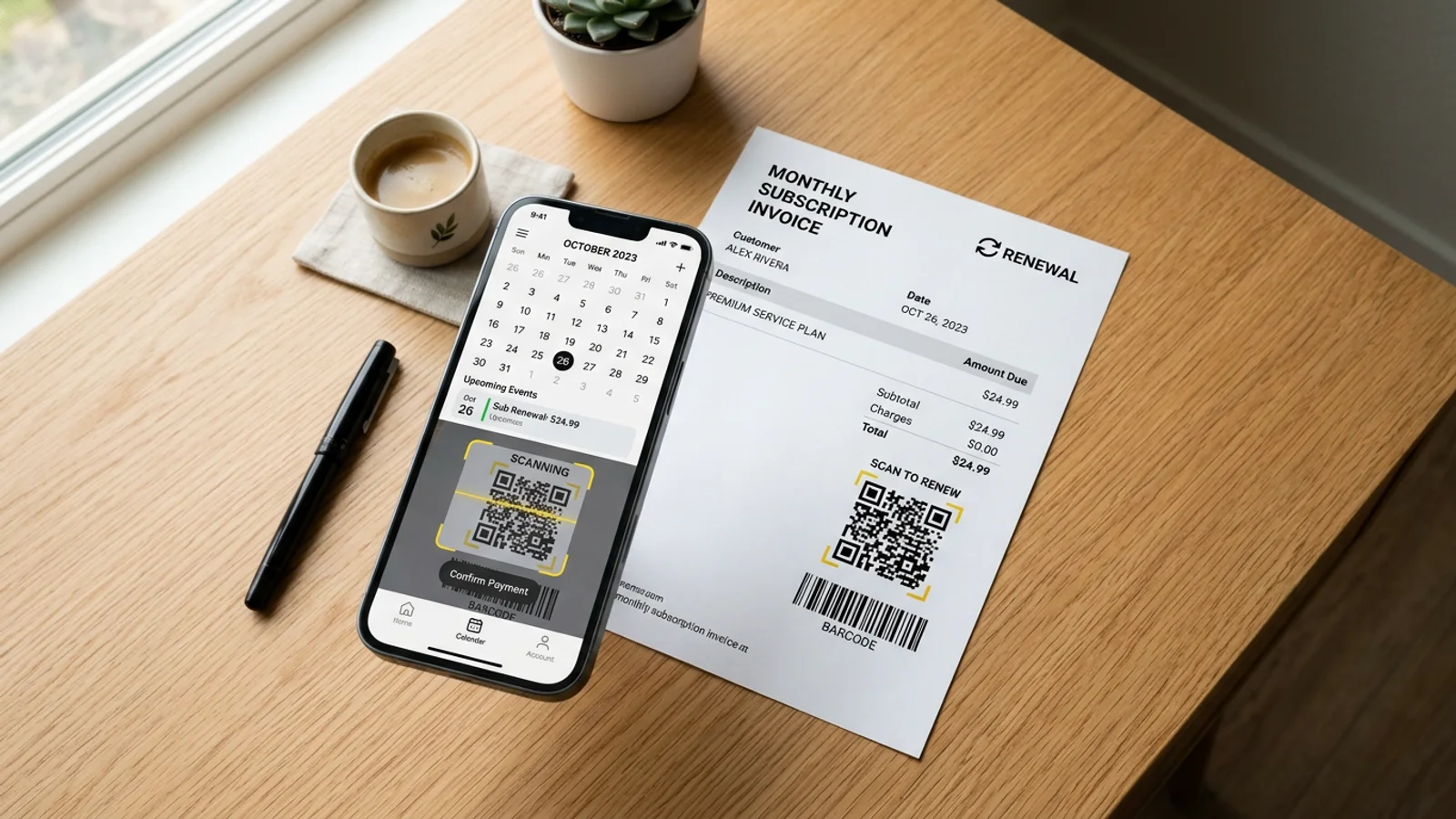 Smartphone nutzt OCR, um ein Abo-Verlängerungsdokument auf einem Schreibtisch zu scannen.