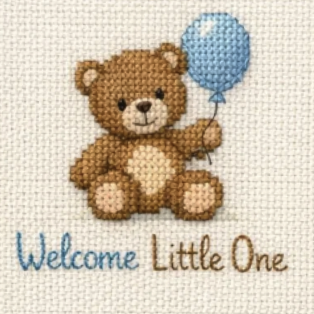 Little brown bear holding a balloon rendered as a cross stitch pattern