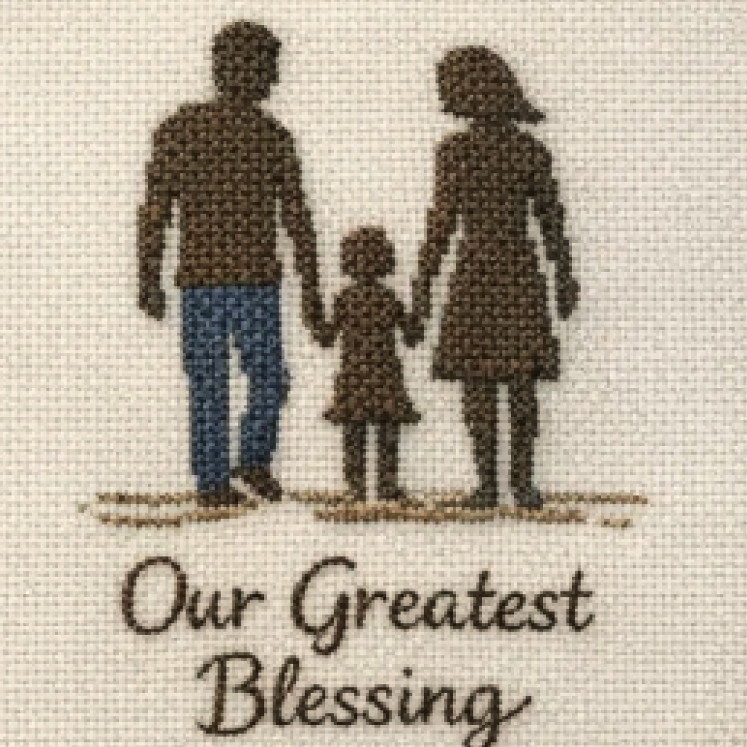 Family portrait of two parents and one child as a cross stitch pattern