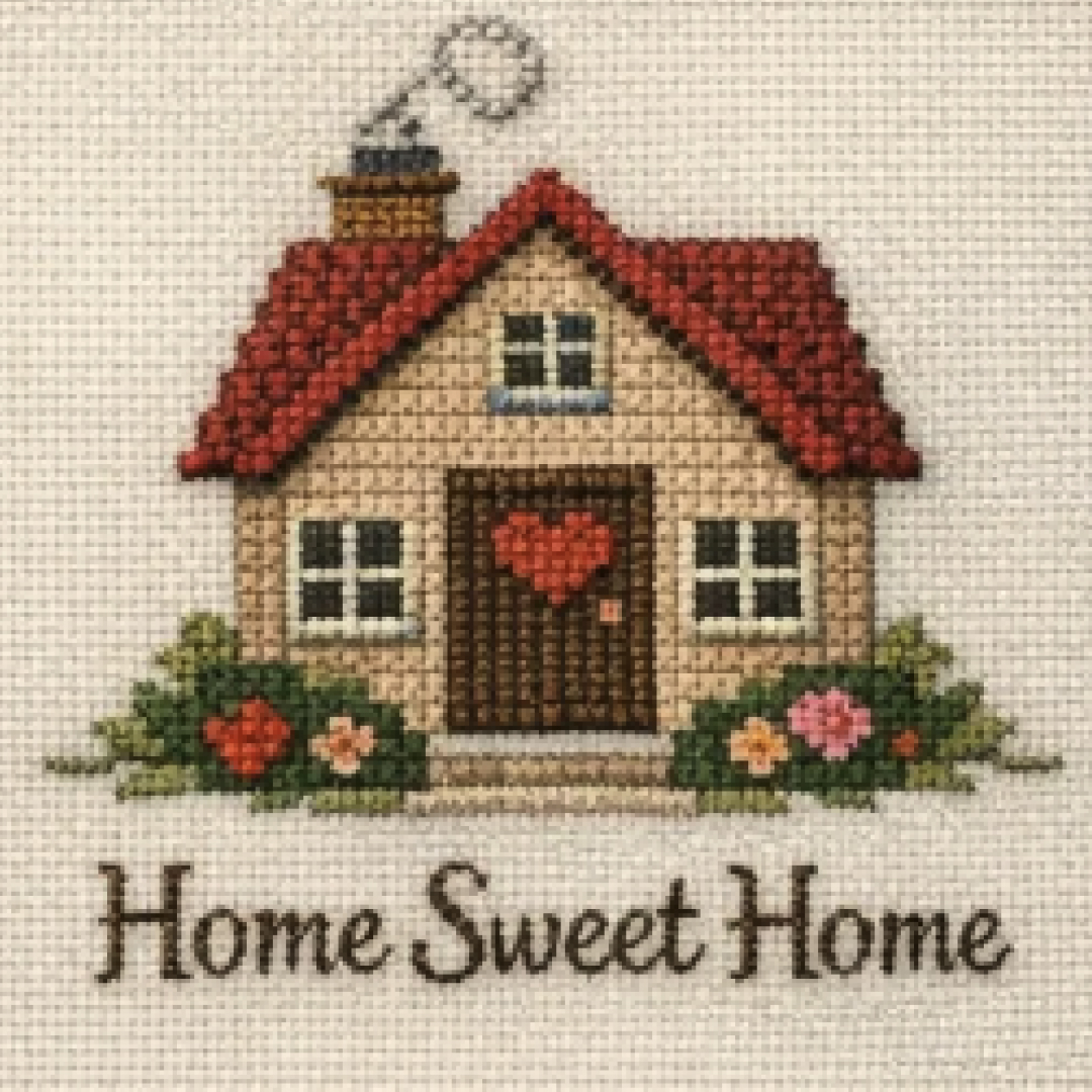 Family home rendered as a cross stitch pattern