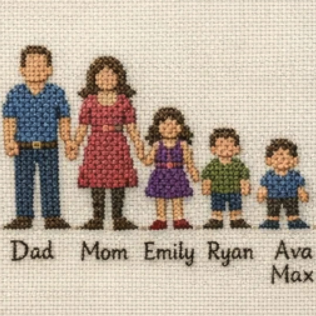 Family portrait of two parents and three children as a cross stitch pattern