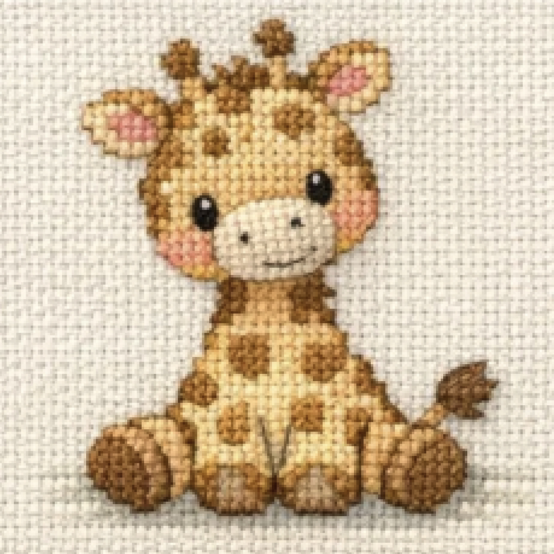 Baby giraffe rendered as a cross stitch pattern