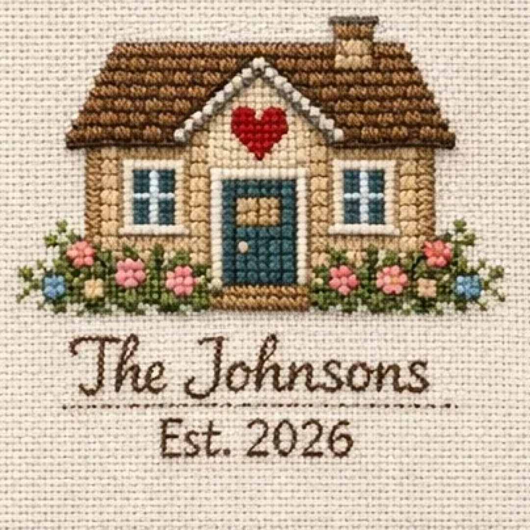 Wedding family home rendered as a cross stitch pattern