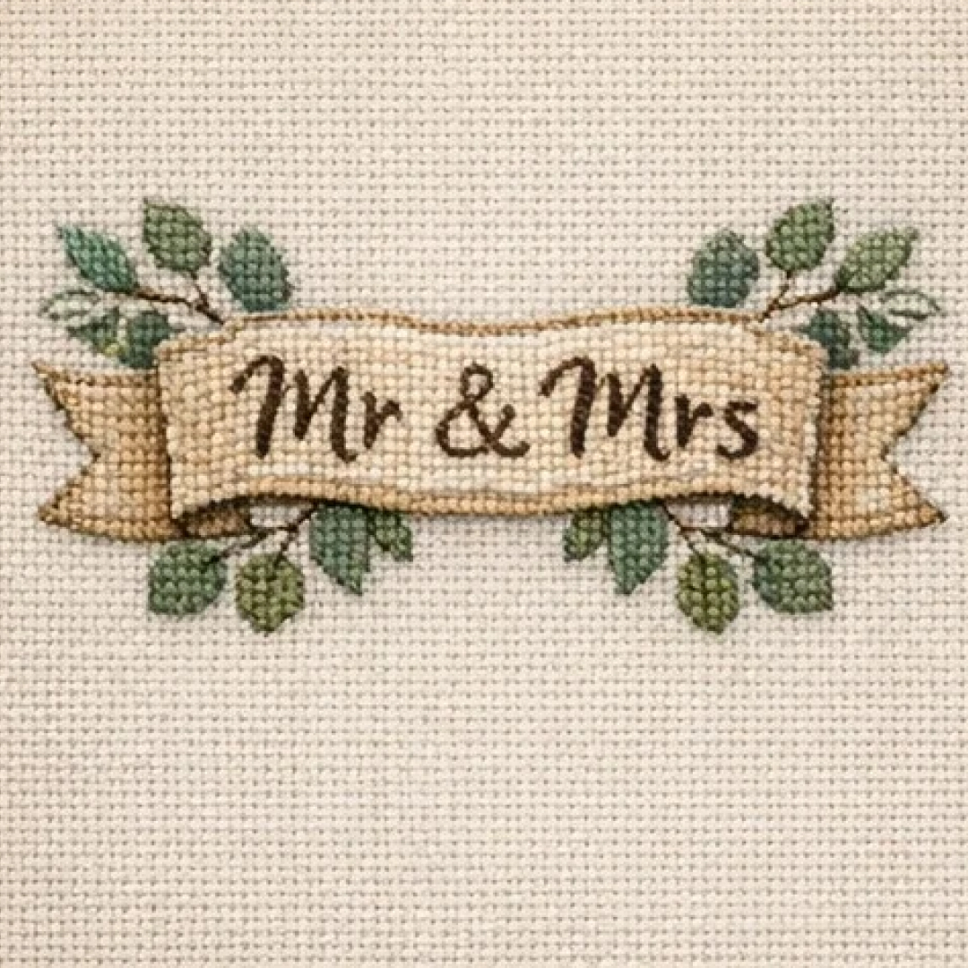 Mr and Mrs lettering rendered as a cross stitch pattern