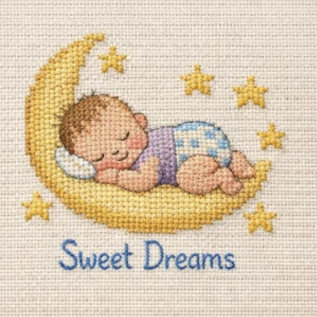 Baby sleeping on a crescent moon rendered as a cross stitch pattern