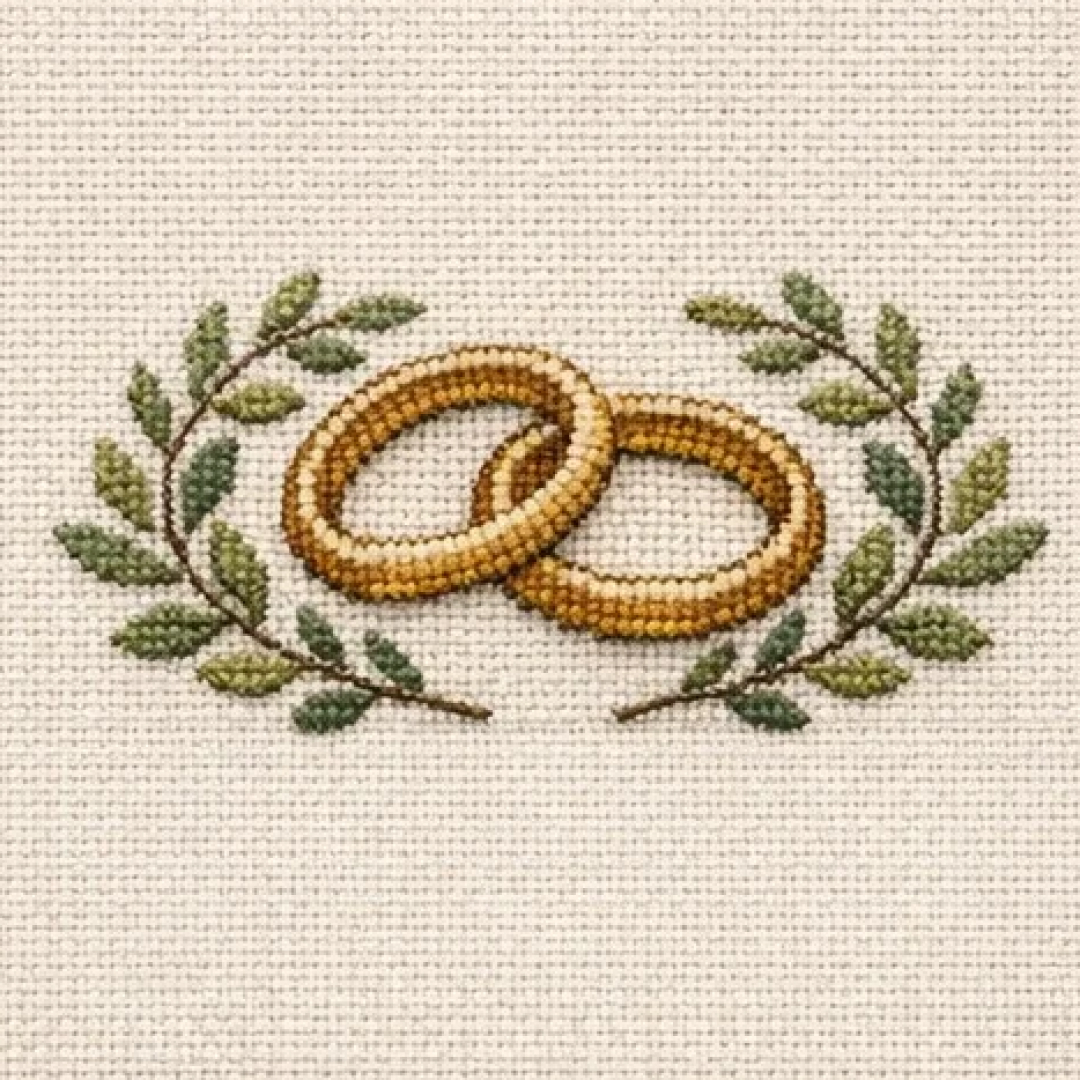Two wedding bands rendered as a cross stitch pattern