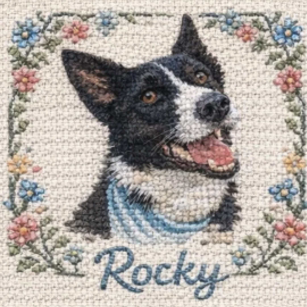 Border collie portrait rendered as a cross stitch pattern