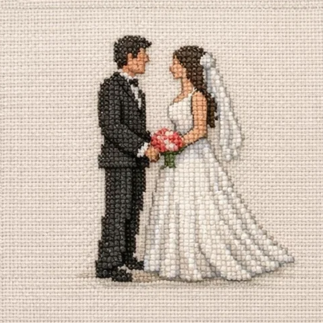 Bride and groom portrait rendered as a cross stitch pattern