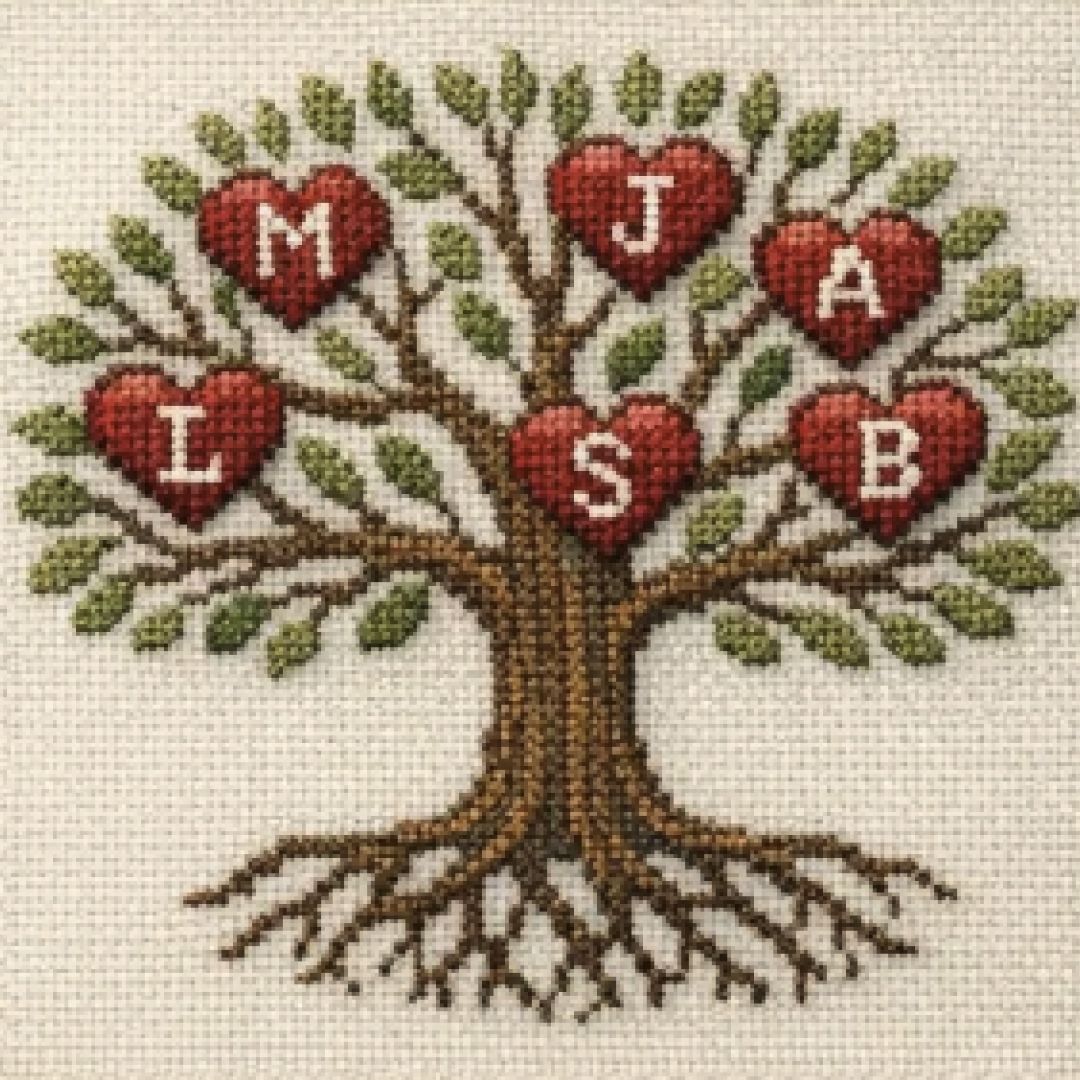 Family tree keepsake rendered as a cross stitch pattern