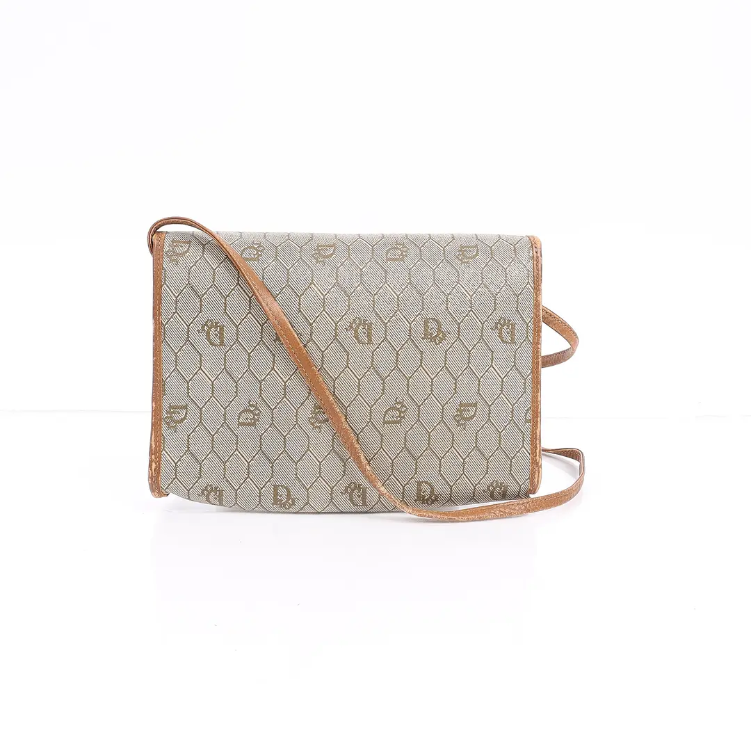Christian Dior Honeycomb Beige Canvas Shoulder Bag