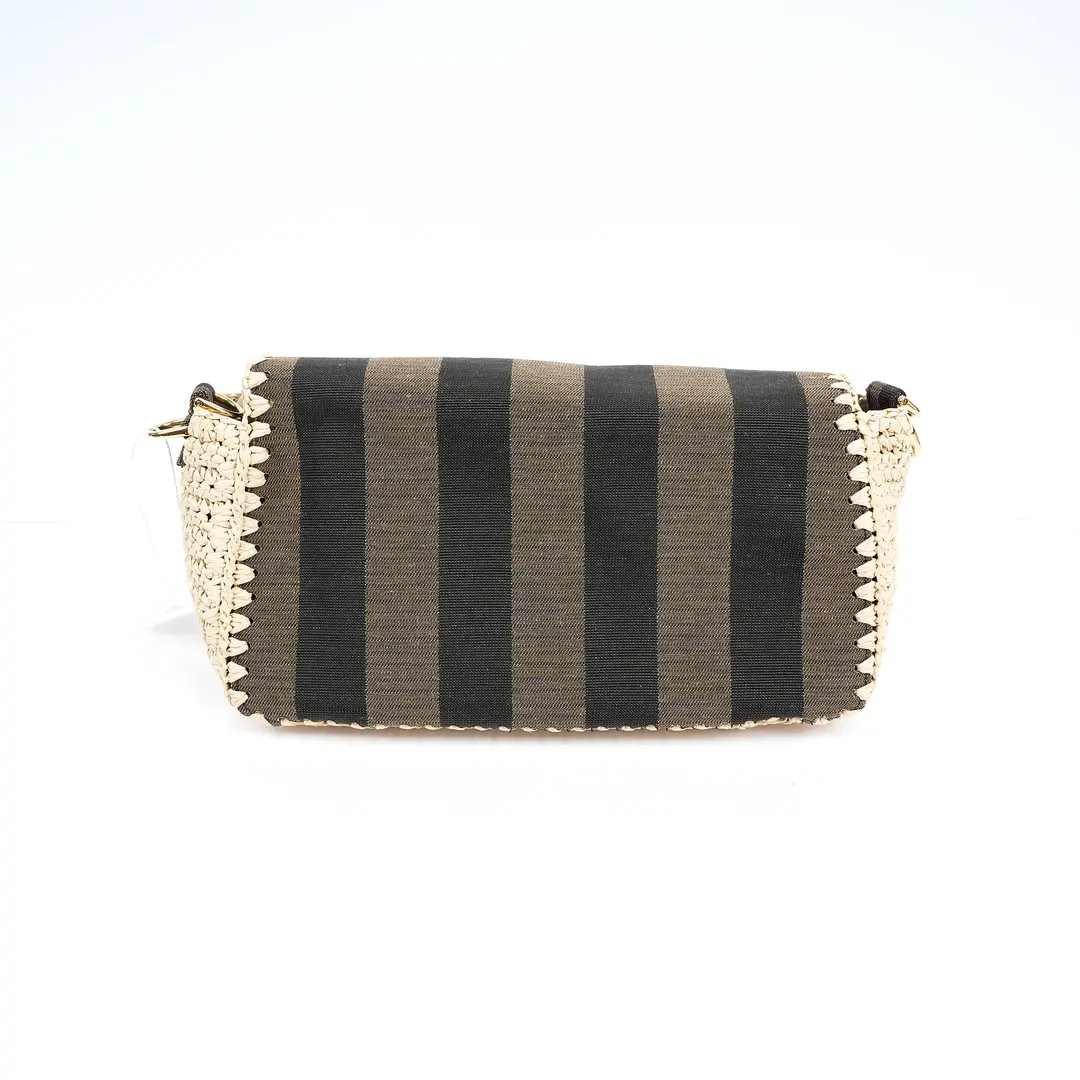Fendi Baguette Brown Pequin Canvas Raffia Shoulder Bag