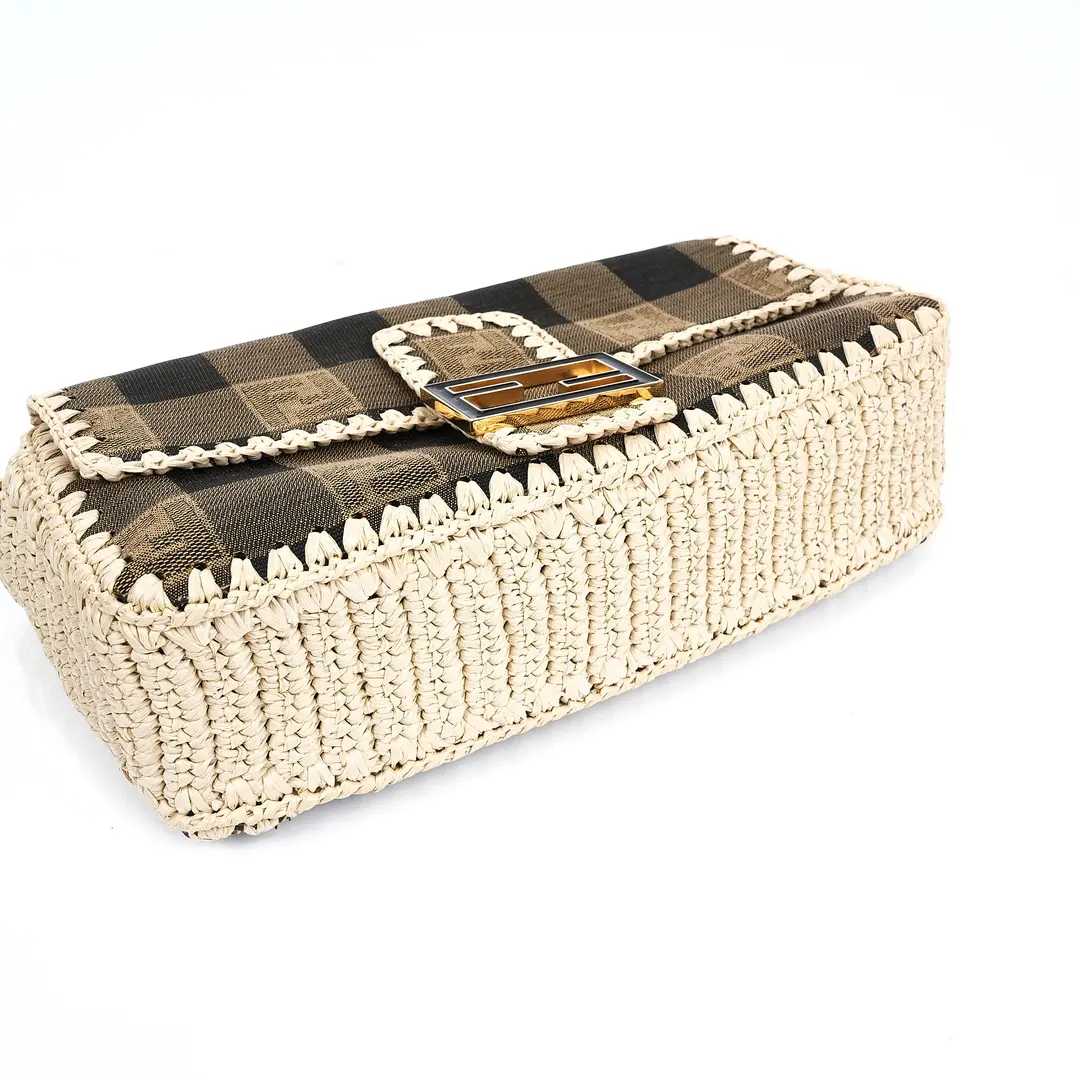 Fendi Baguette Brown Pequin Canvas Raffia Shoulder Bag
