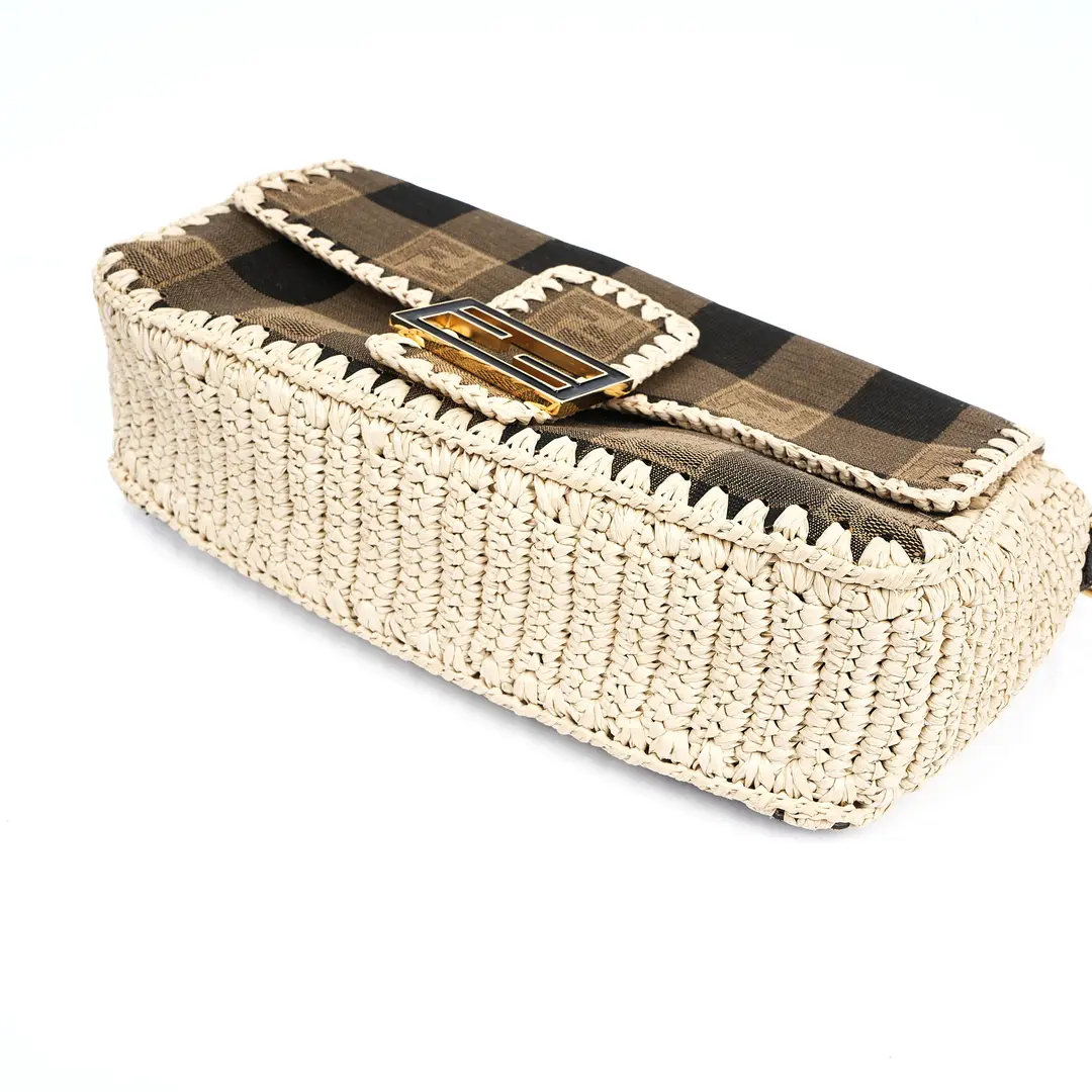 Fendi Baguette Brown Pequin Canvas Raffia Shoulder Bag