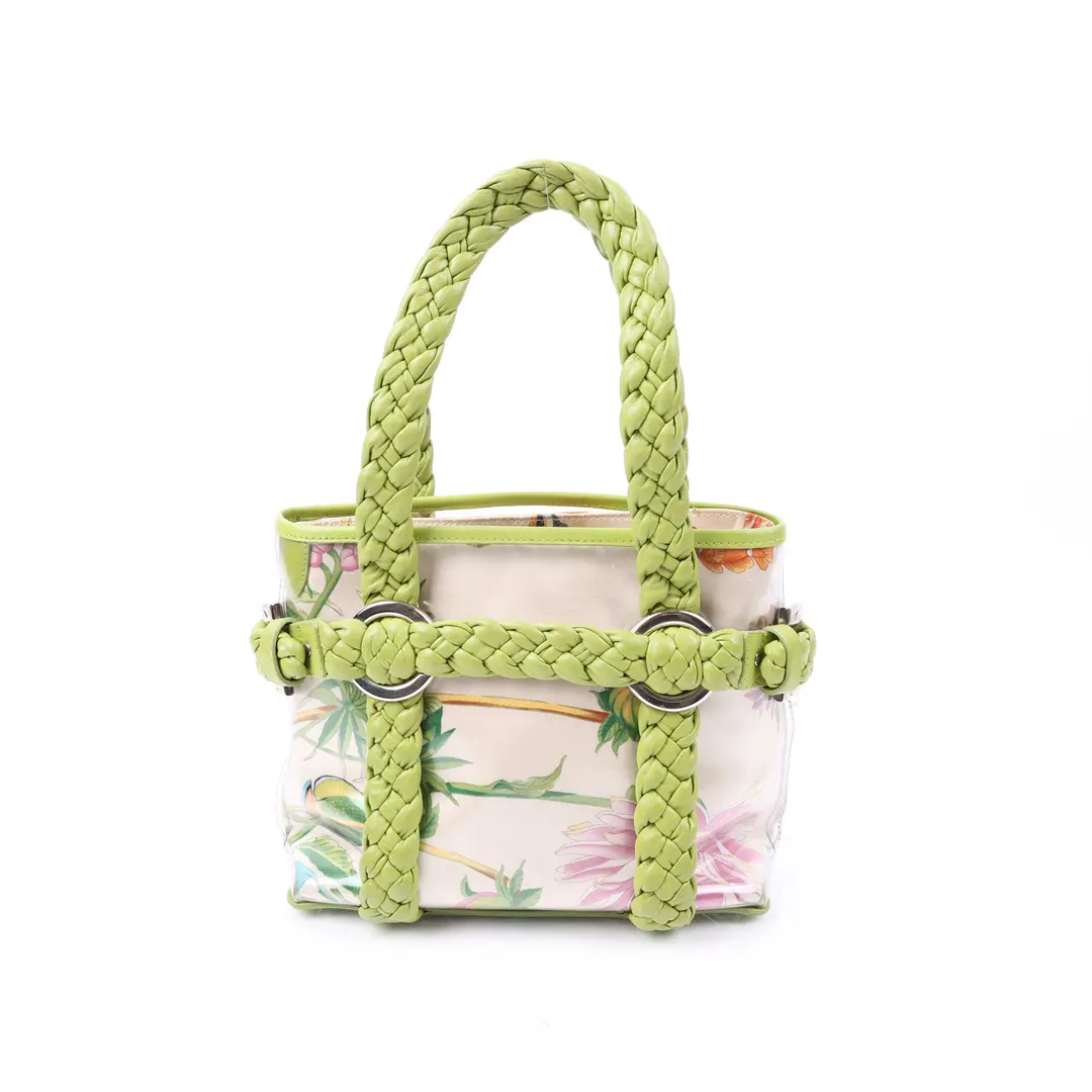 Salvatore Ferragamo Tropical Print Green Leather Tote Bag
