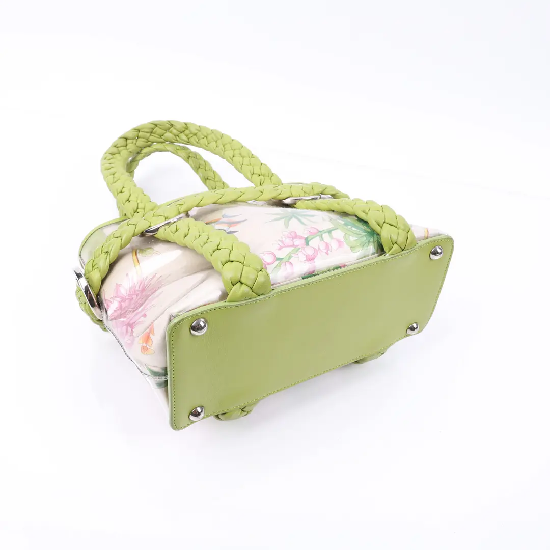 Salvatore Ferragamo Tropical Print Green Leather Tote Bag