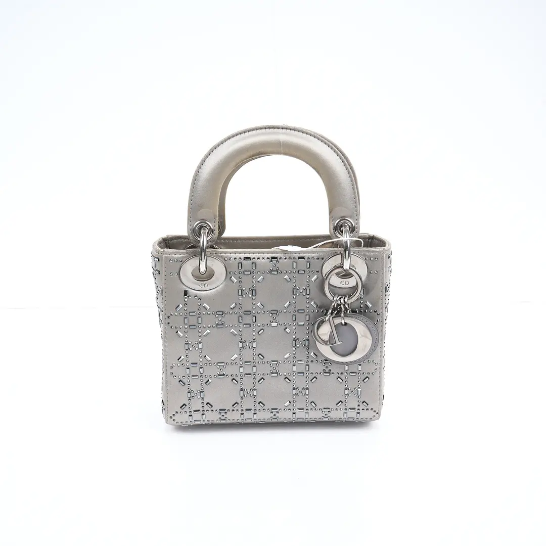 Dior Lady Dior Gray Satin Crystals Mini Handbag