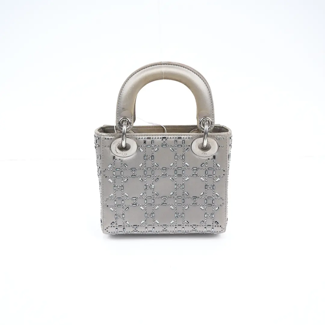 Dior Lady Dior Gray Satin Crystals Mini Handbag