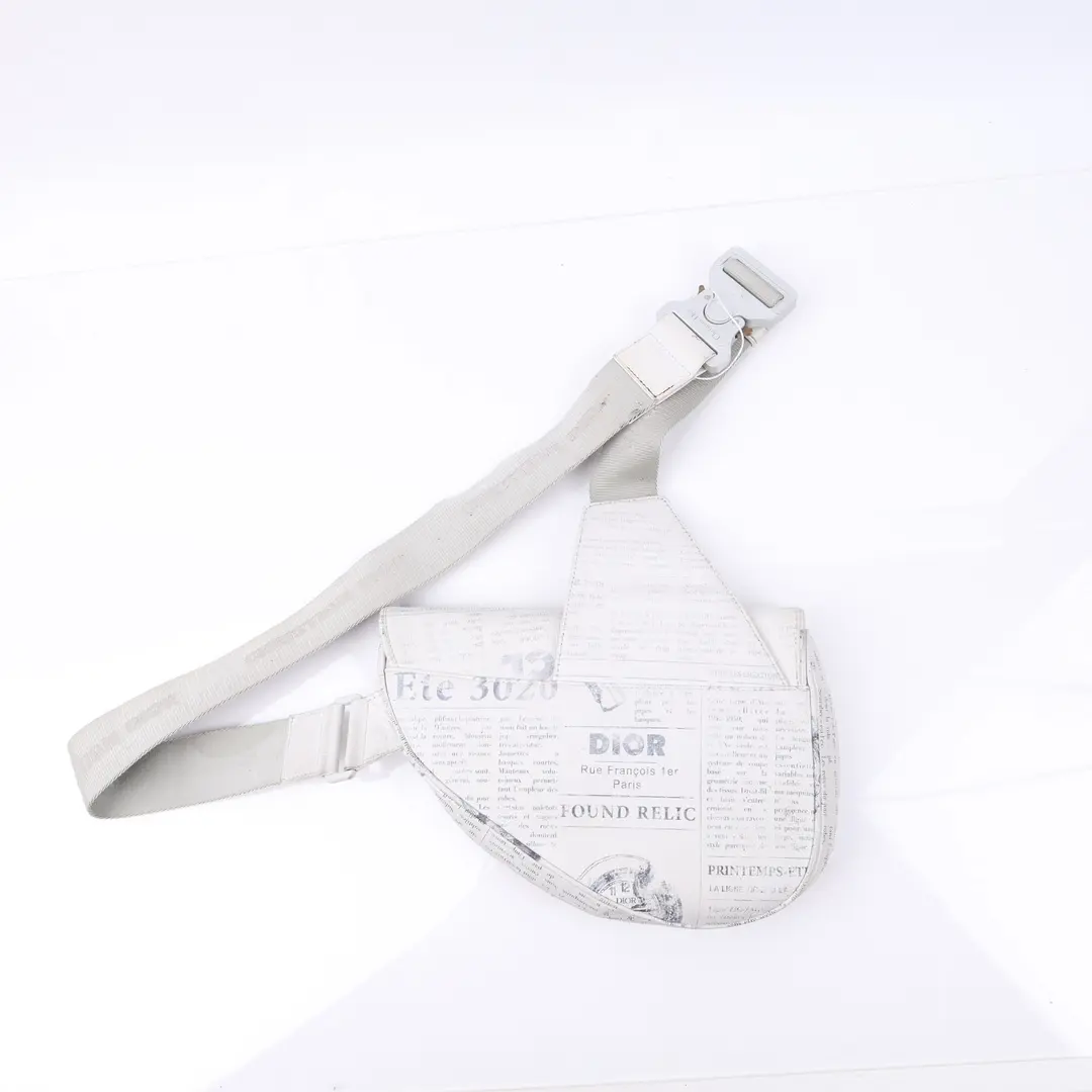 Dior Newspaper Print Saddle White Leather Crossbody Bag