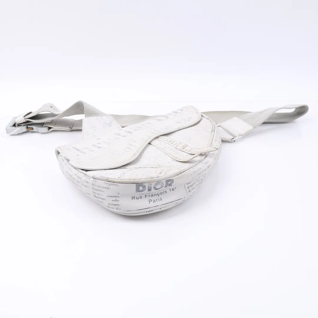 Dior Newspaper Print Saddle White Leather Crossbody Bag