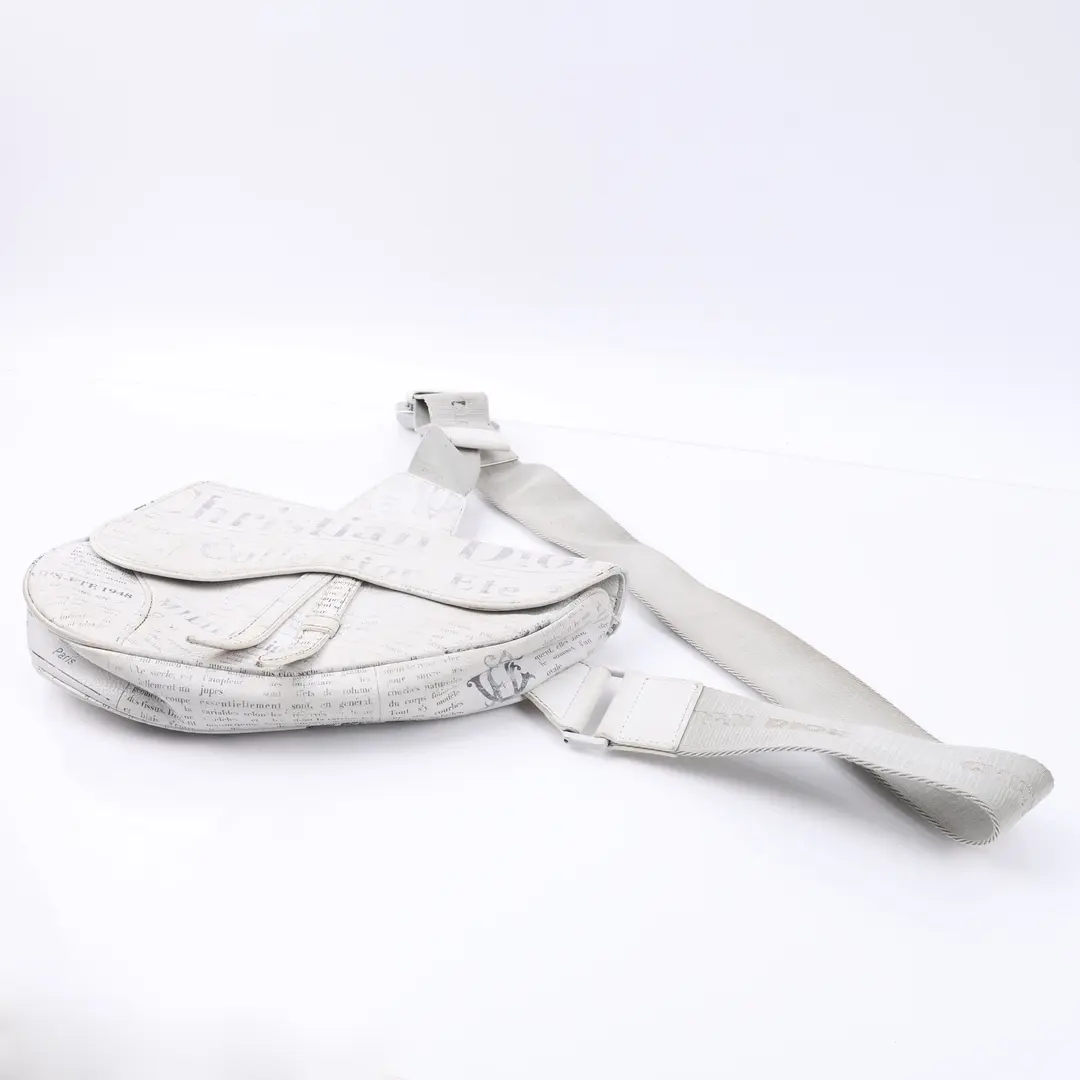 Dior Newspaper Print Saddle White Leather Crossbody Bag