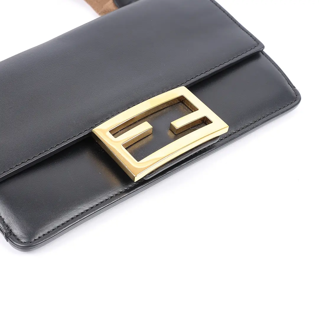 Fendi Flat Baguette Black Leather Shoulder Bag