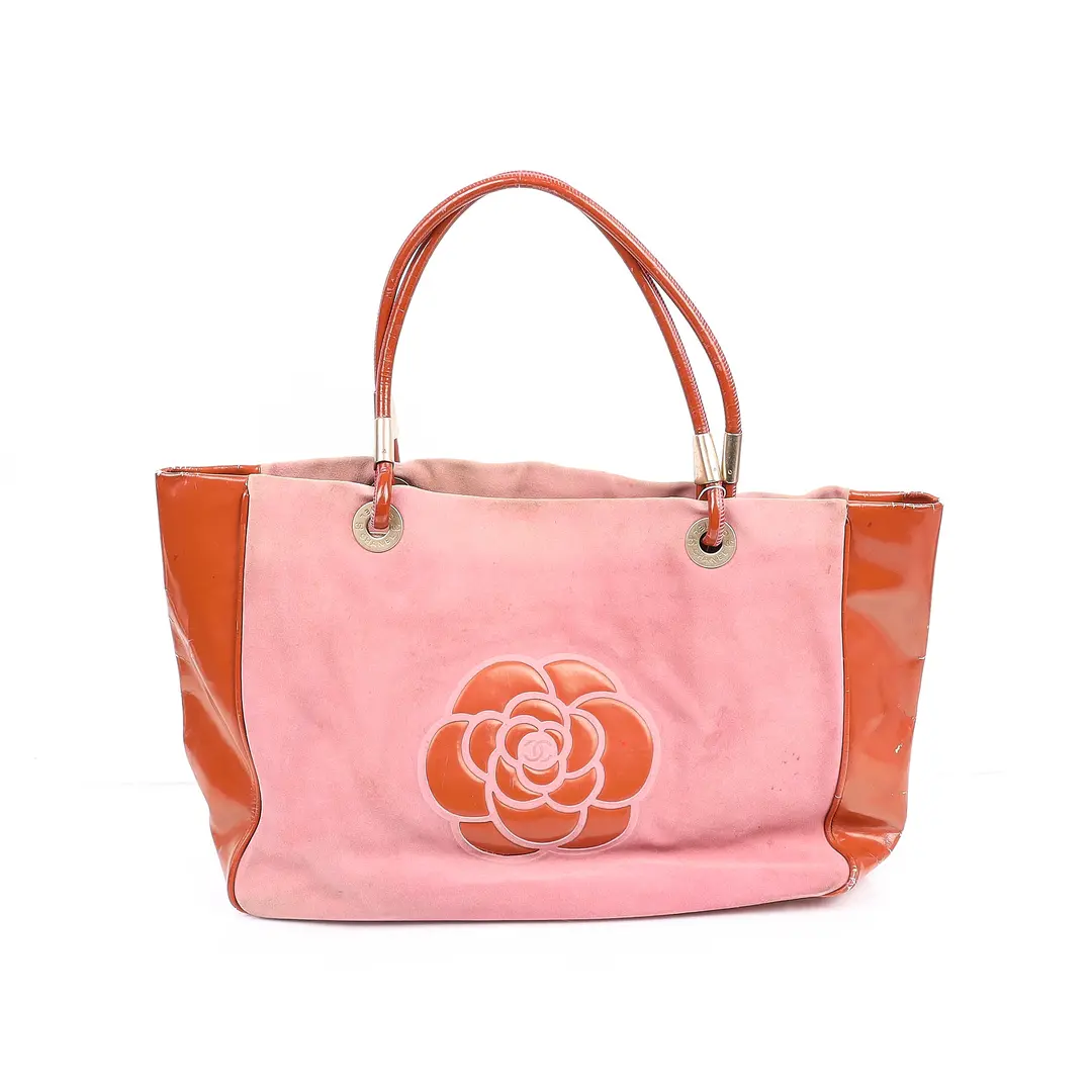 Chanel Camellia Logo Pink Suede Patent Leather Tote Bag
