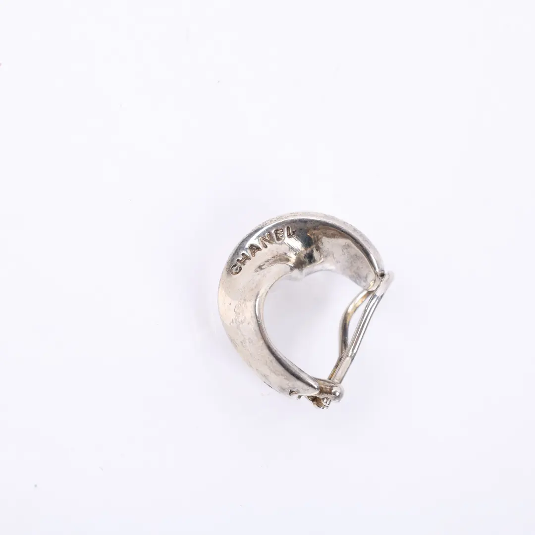 Chanel Vintage Engraved Logo Silver Metal Earring