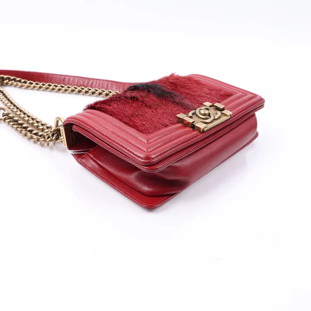 Chanel Boy Red Leather and Calf Hair Shoulder Bag