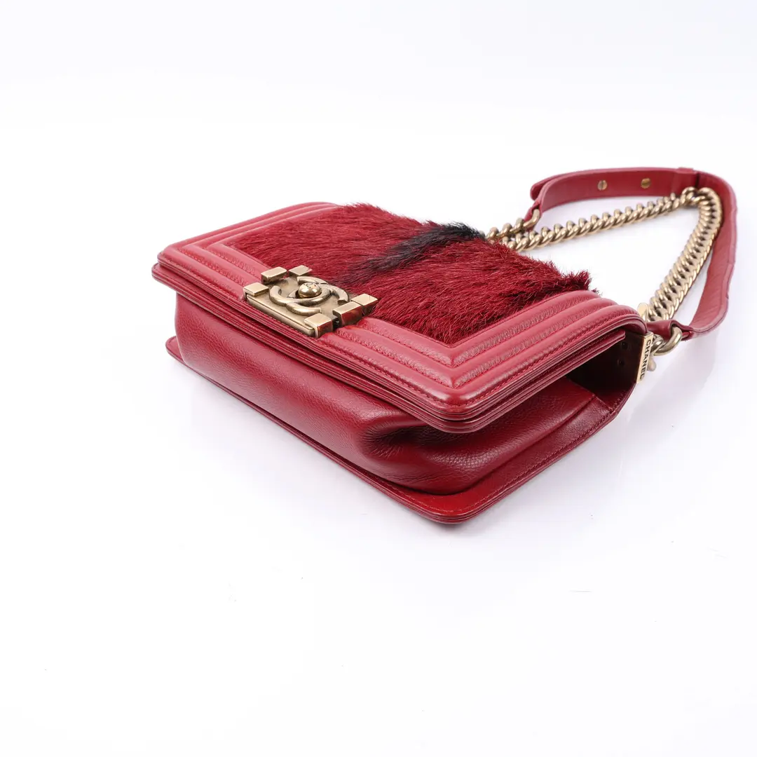 Chanel Boy Red Leather and Calf Hair Shoulder Bag
