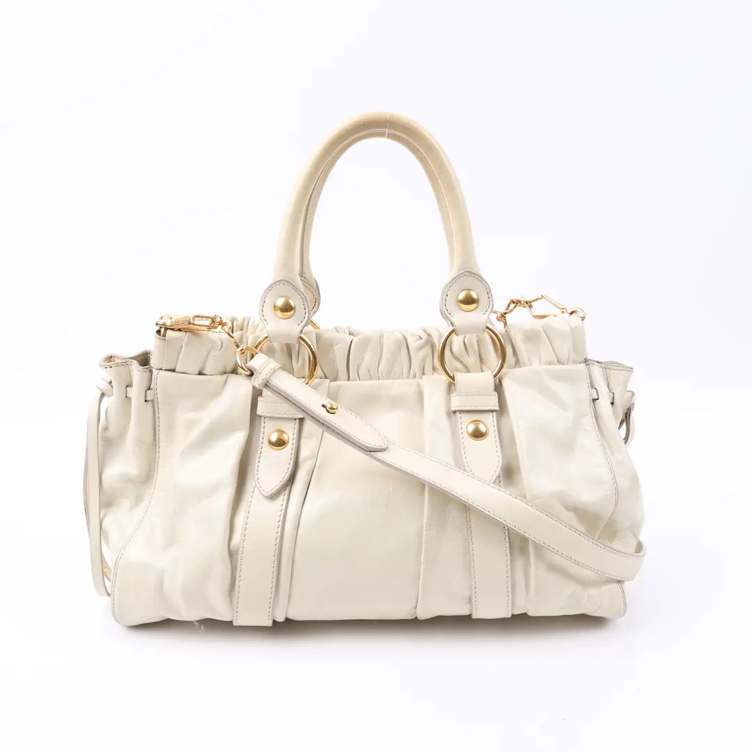 Miu Miu Vitello Lux Bow Beige Leather Handbag
