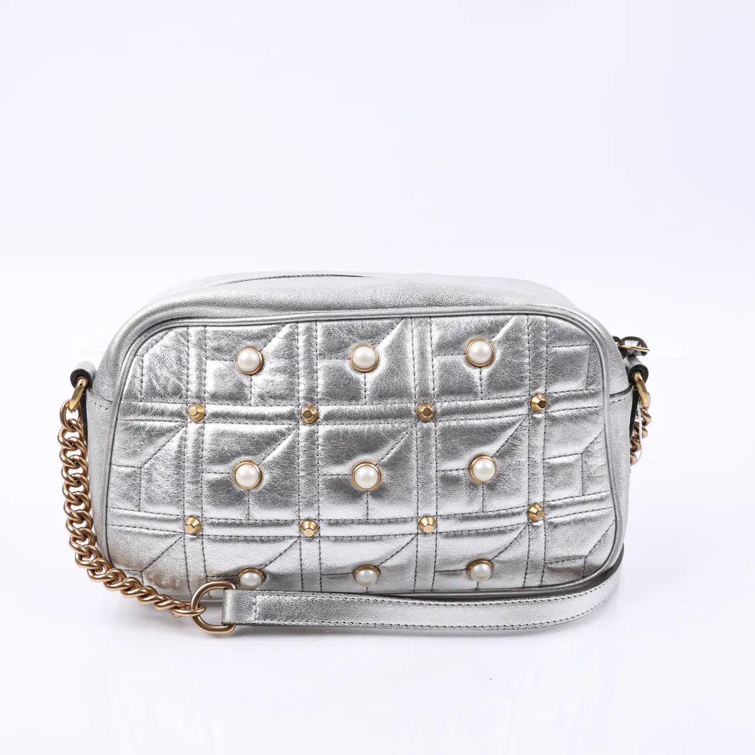 Gucci GG Marmont Silver Metallic Leather Shoulder Bag