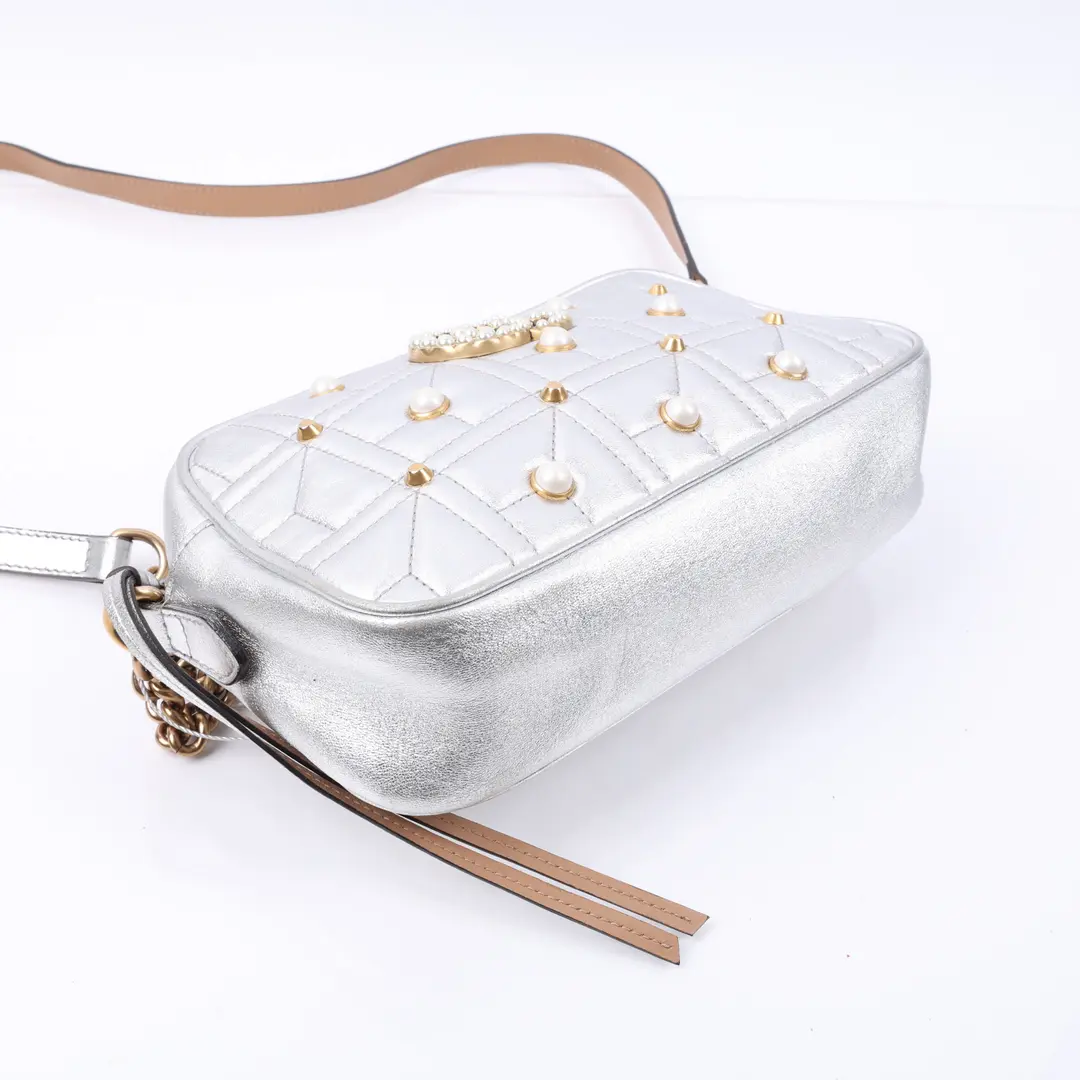 Gucci GG Marmont Silver Metallic Leather Shoulder Bag