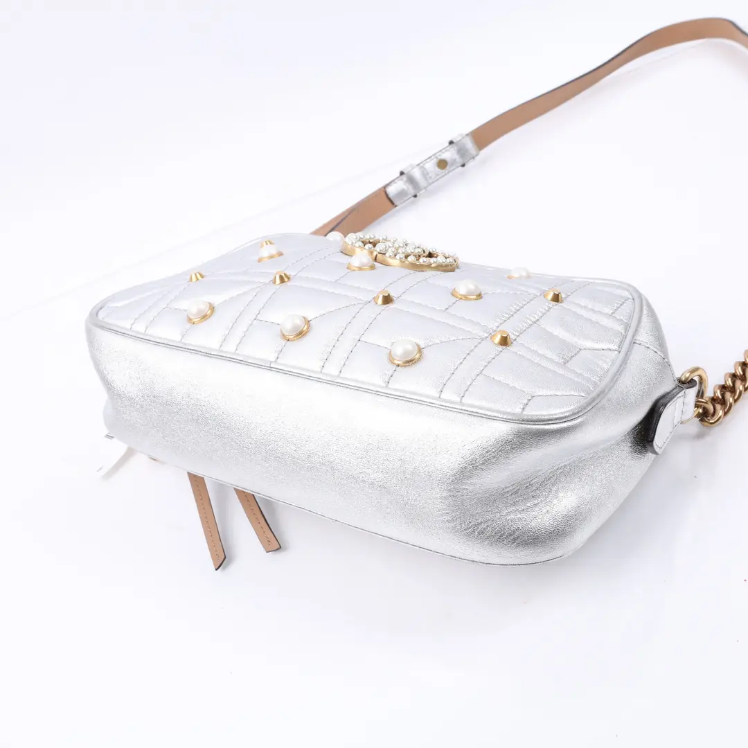 Gucci GG Marmont Silver Metallic Leather Shoulder Bag