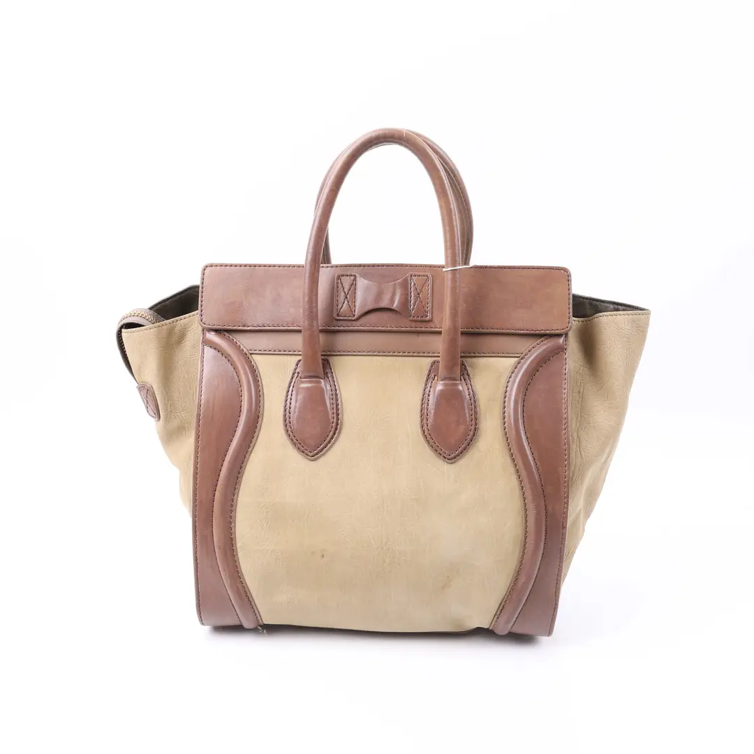 Celine Luggage Brown Leather Canvas Tote Bag