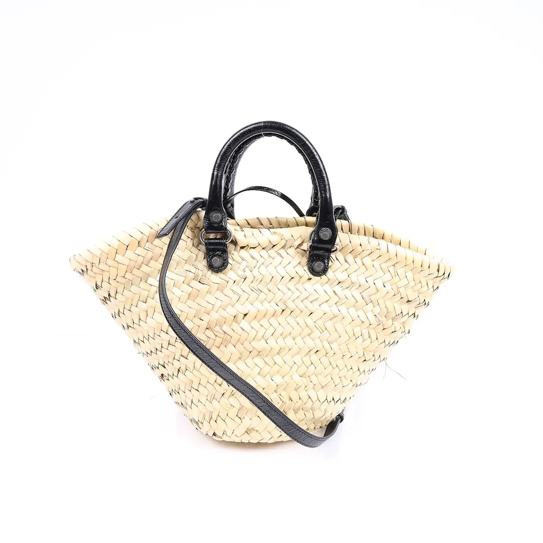 Balenciaga Bistro Beige Straw Black Leather Shoulder Bag