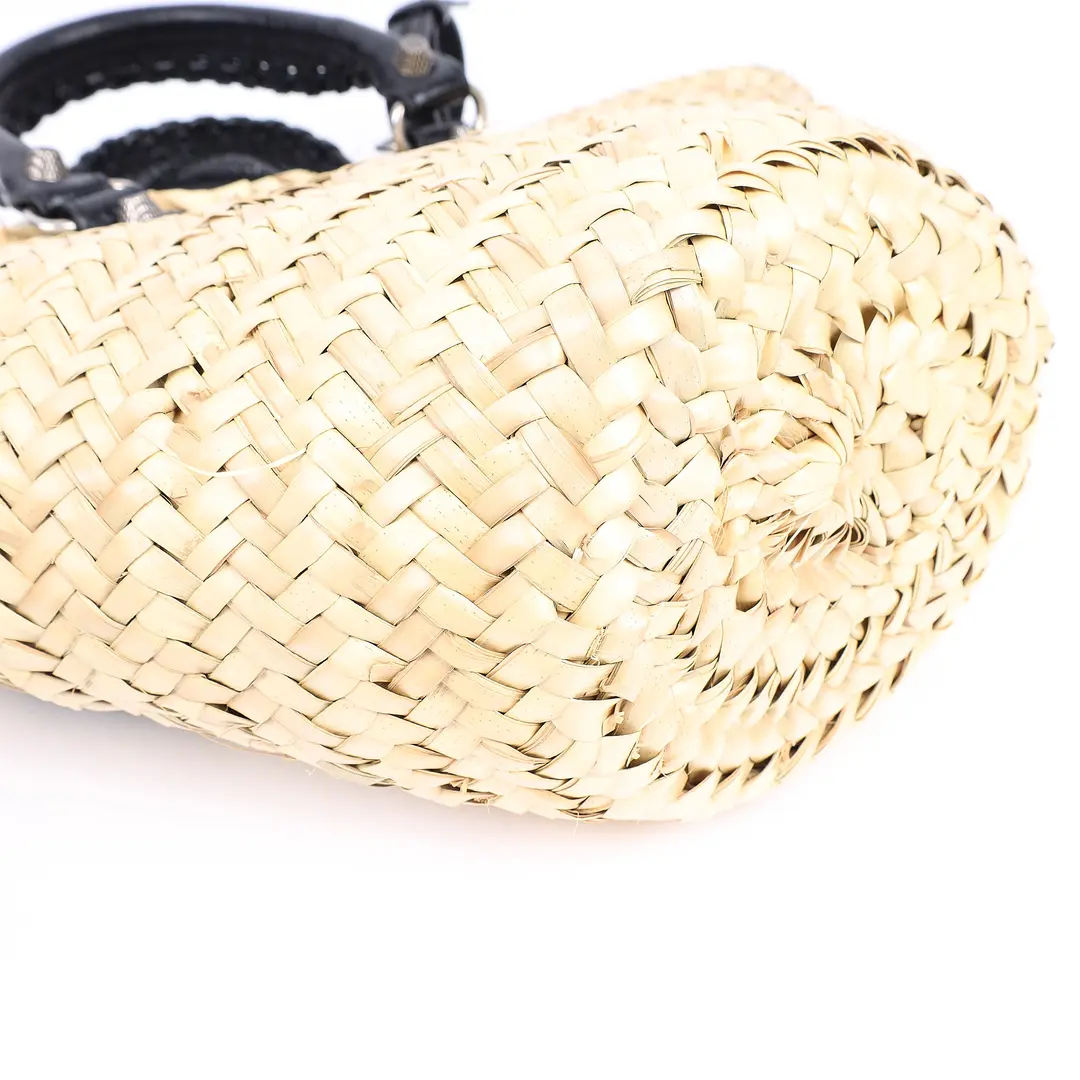 Balenciaga Bistro Beige Straw Black Leather Shoulder Bag