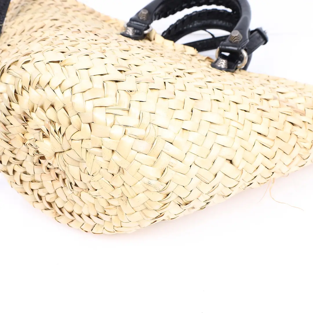 Balenciaga Bistro Beige Straw Black Leather Shoulder Bag
