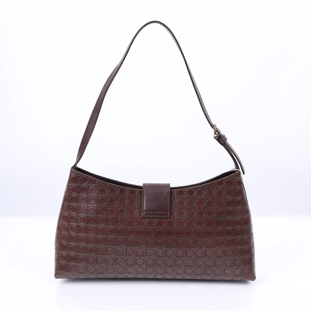 Salvatore Ferragamo Gancini Brown Embossed Leather Shoulder Bag