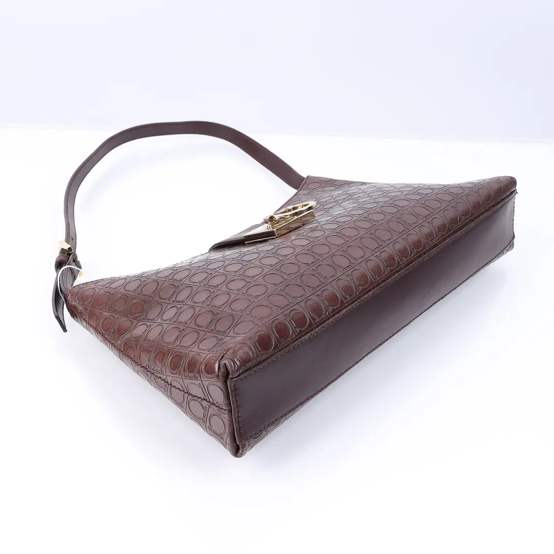 Salvatore Ferragamo Gancini Brown Embossed Leather Shoulder Bag