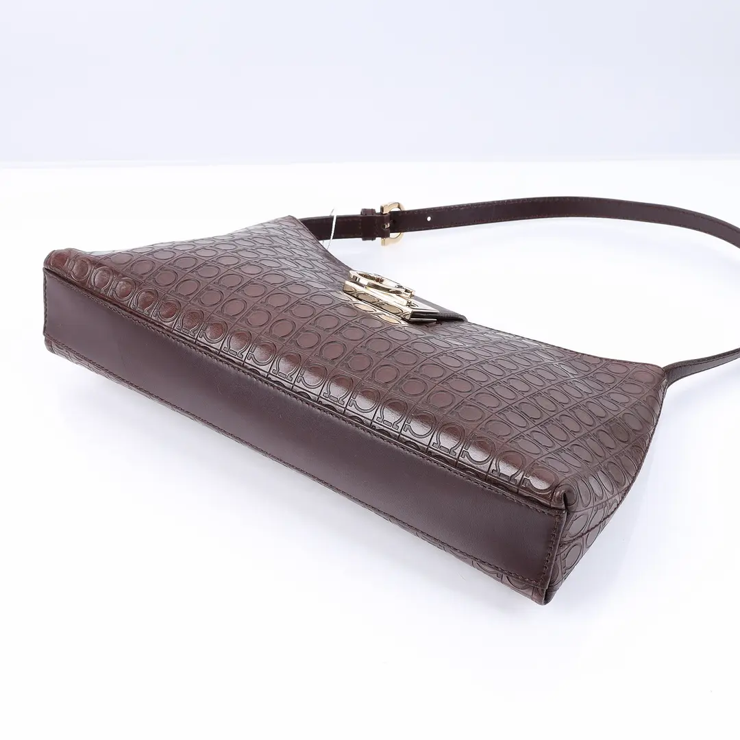 Salvatore Ferragamo Gancini Brown Embossed Leather Shoulder Bag