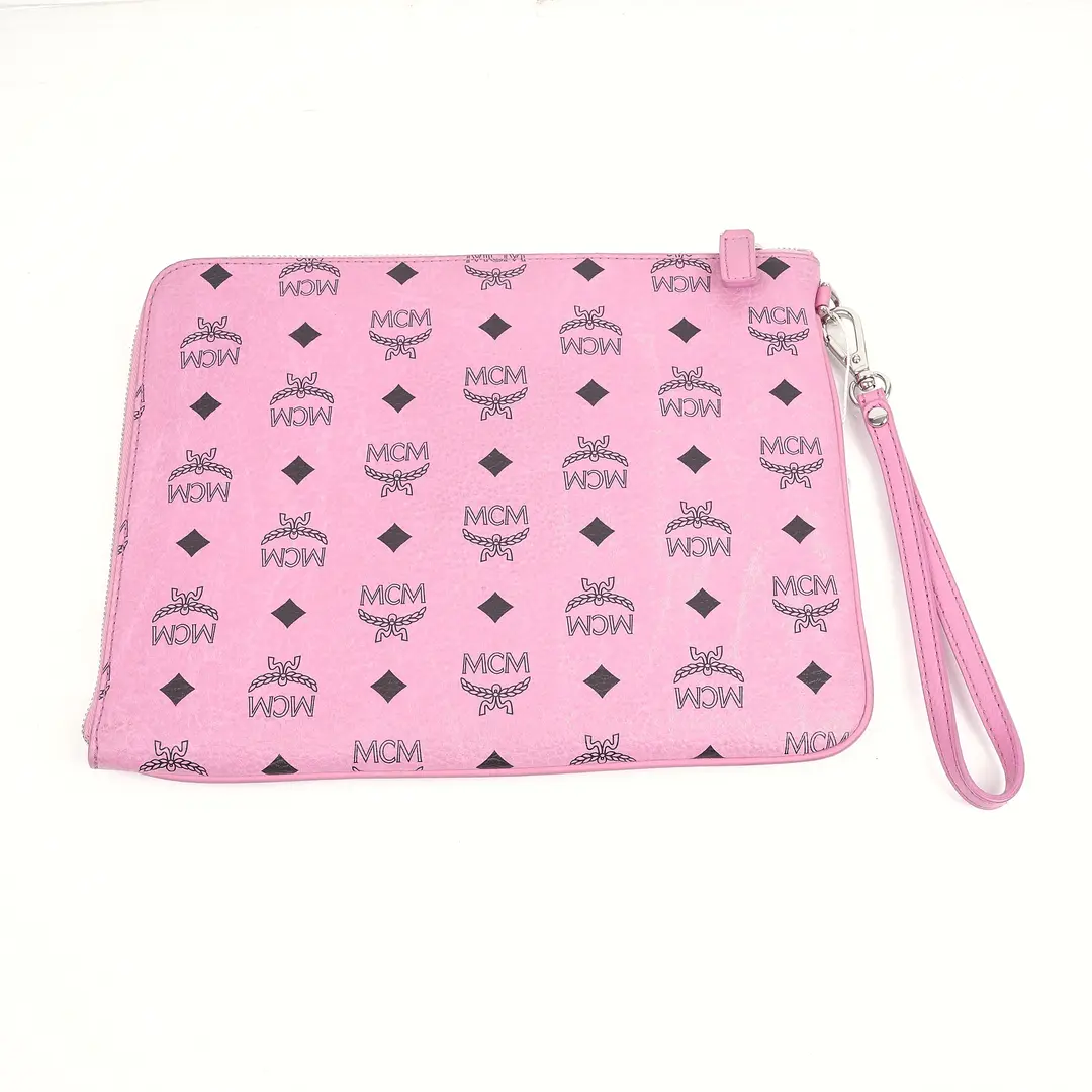 MCM Visetos Pink Canvas Wristlet Clutch