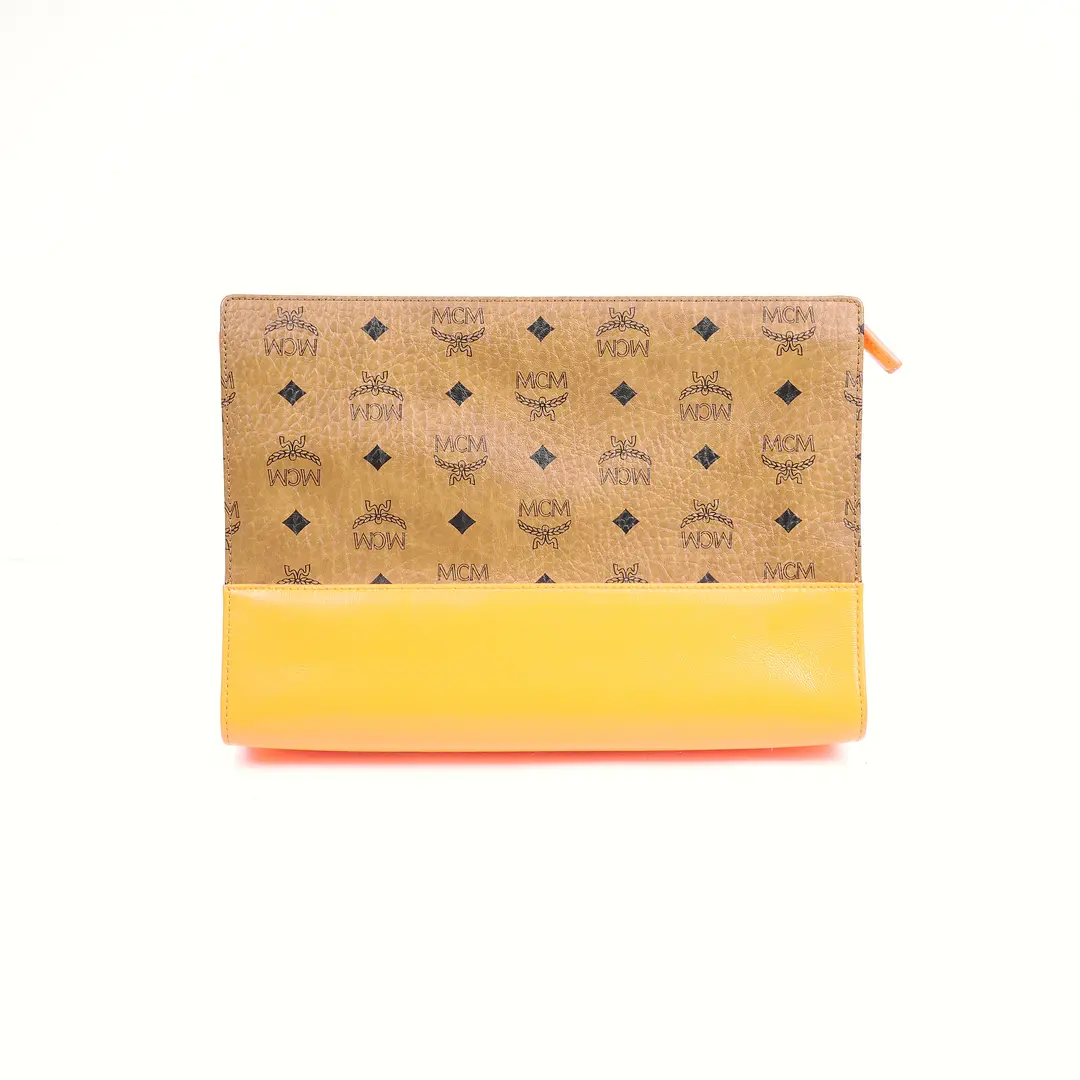 MCM Visetos Yellow Leather Clutch Bag