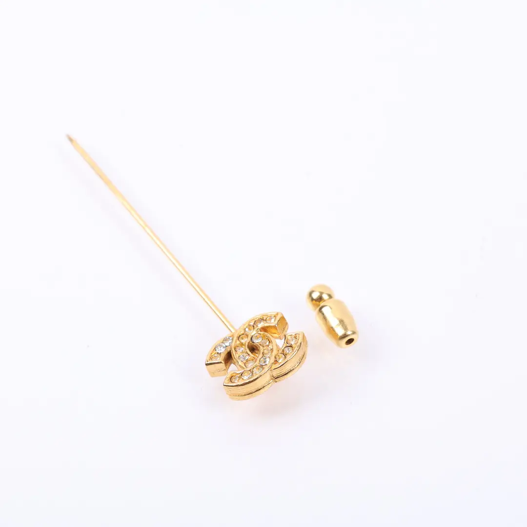 Chanel CC Logo Gold Rhinestone Stick Pin Brooch