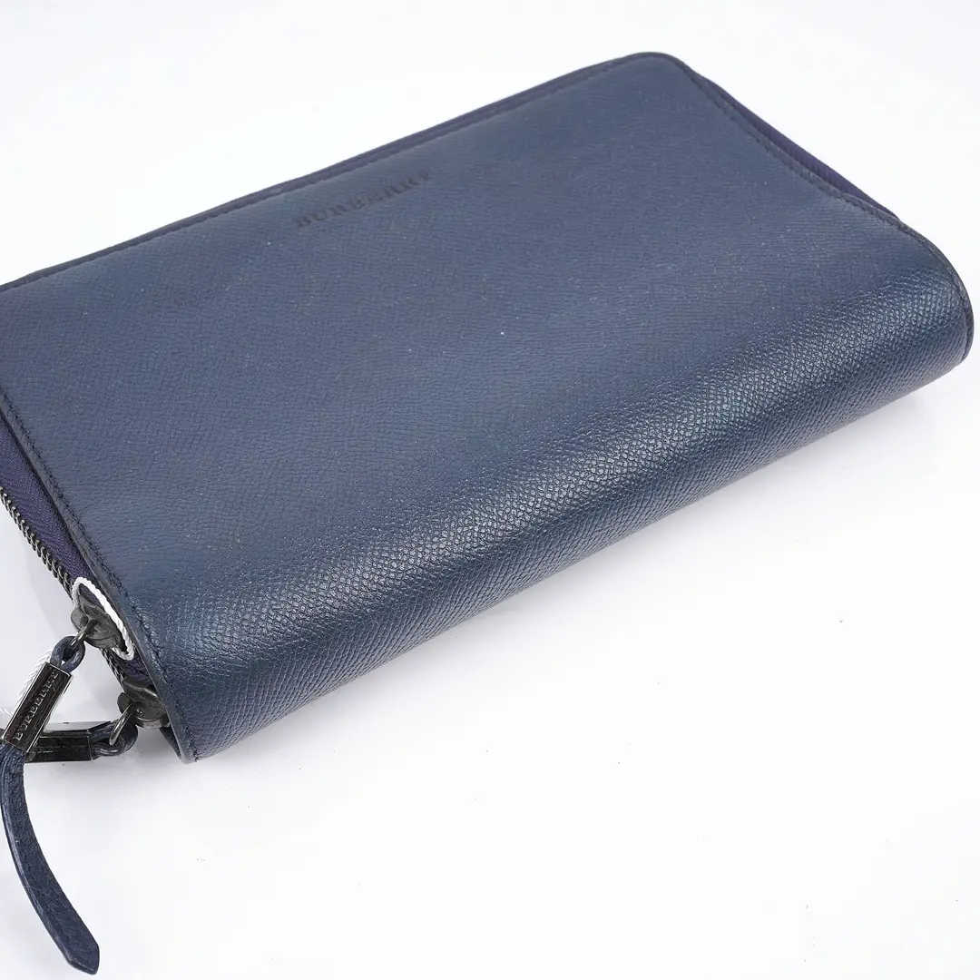 Burberry Blue Textured Leather Zip Around Wallet