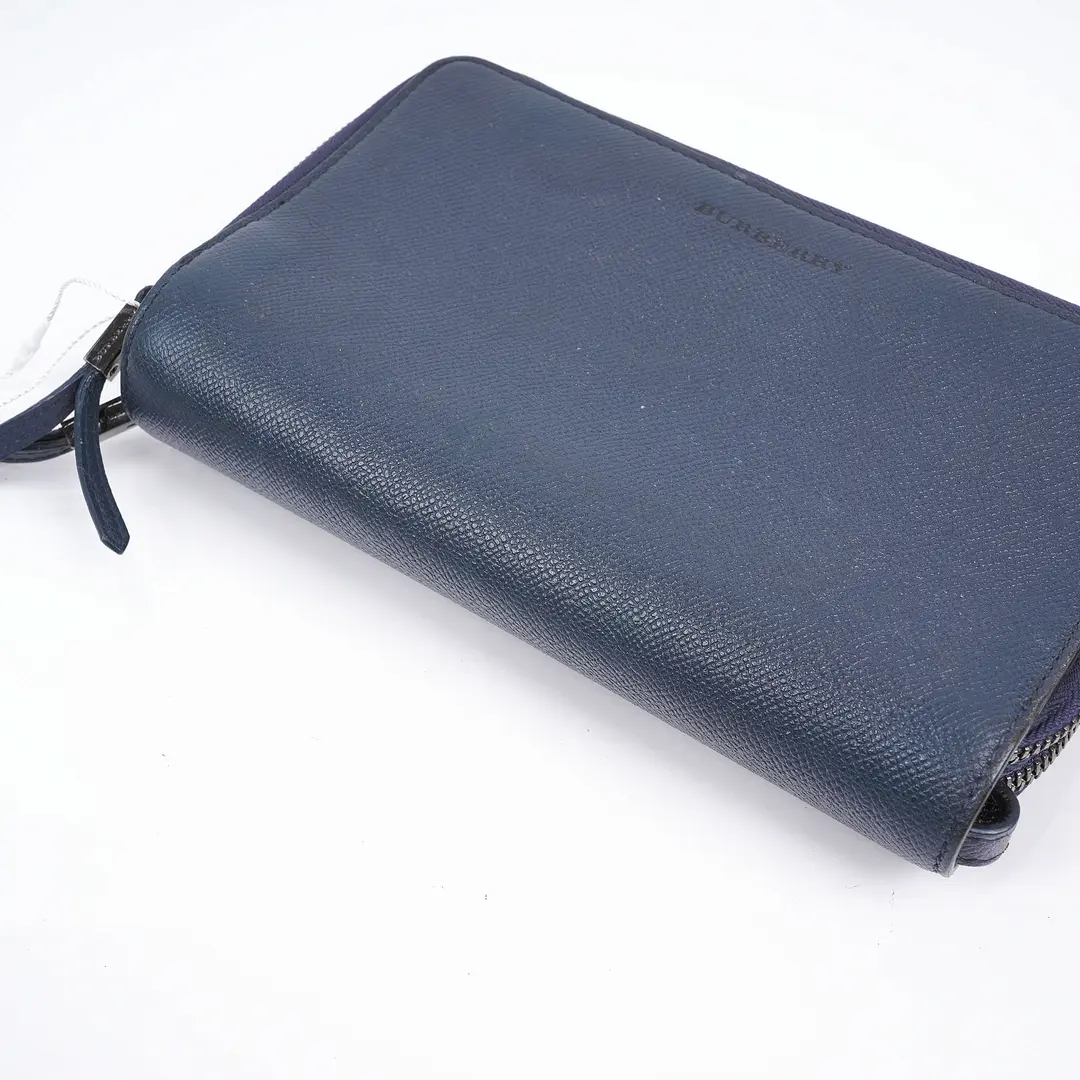 Burberry Blue Textured Leather Zip Around Wallet