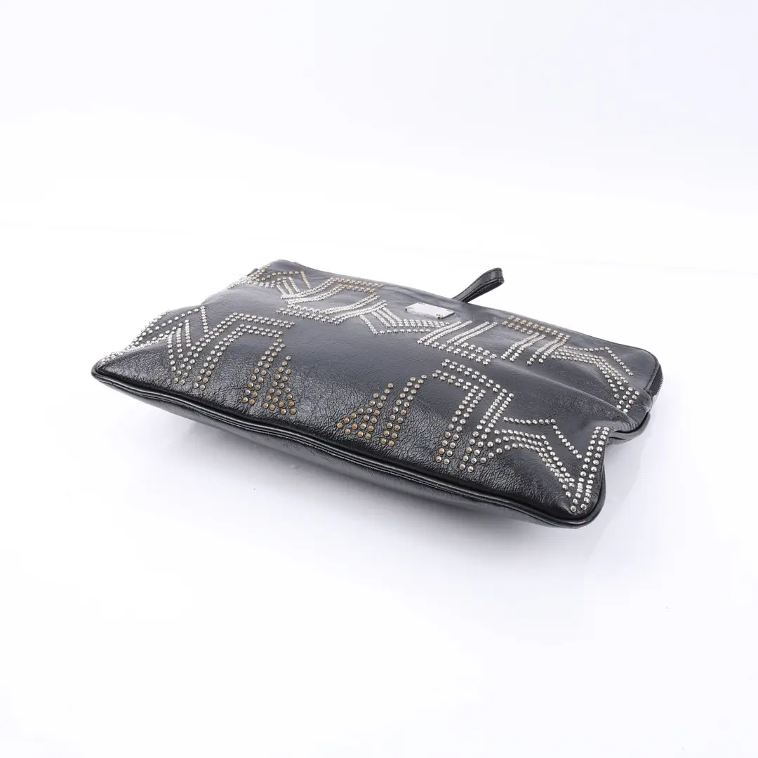 MCM Studded Logo Black Leather Wristlet Clutch