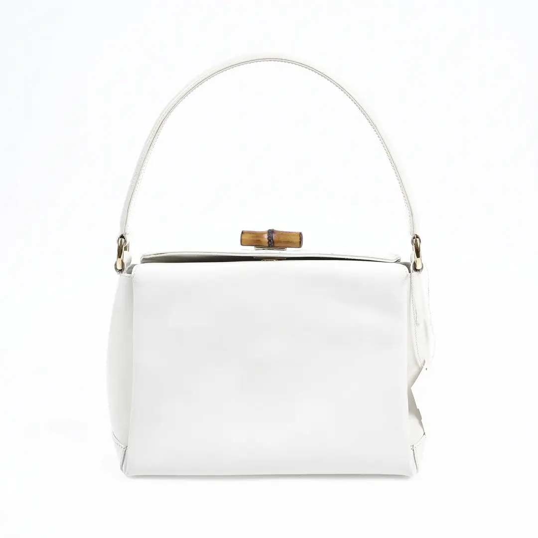 Gucci Vintage Bamboo Turnlock White Leather Shoulder Bag