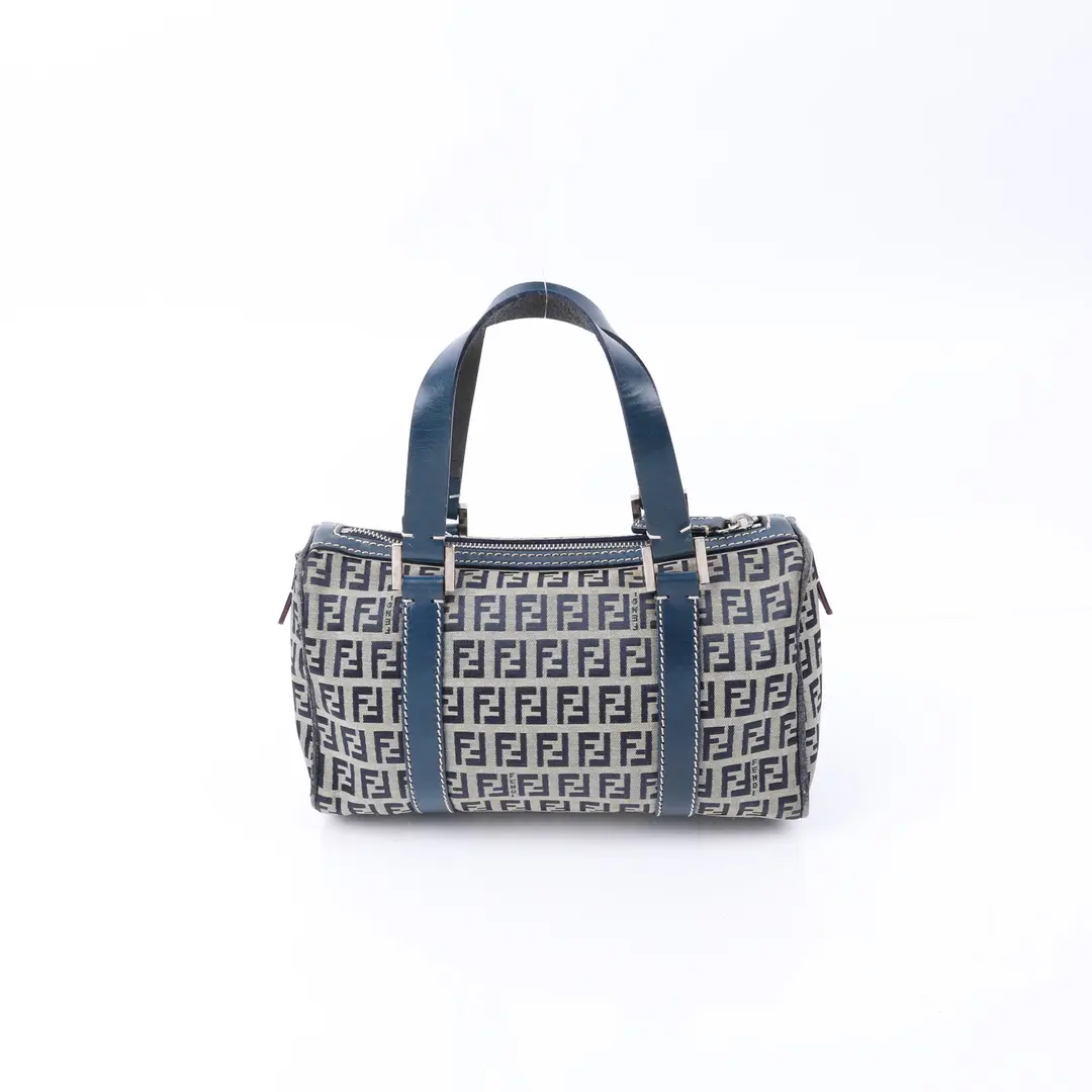 Fendi Zucca Boston Blue Canvas Handbag